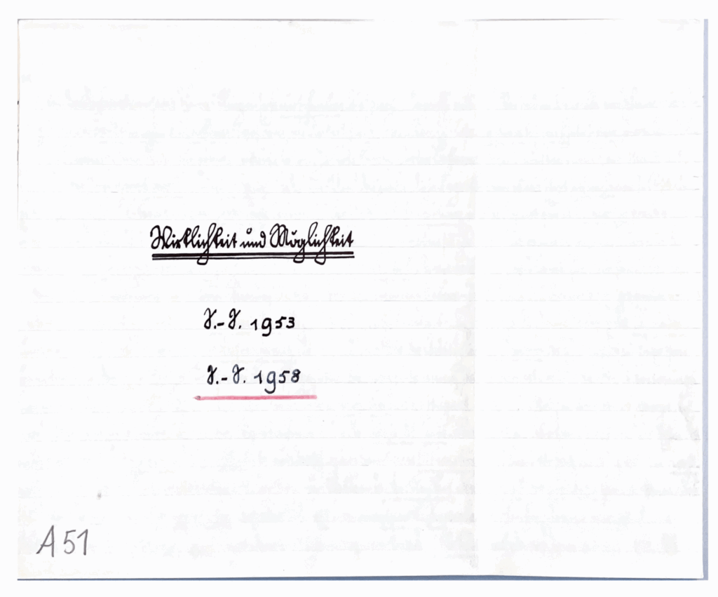 Handschriftliches Titelblatt der Vorlesung „Wirklichkeit und Möglichkeit“